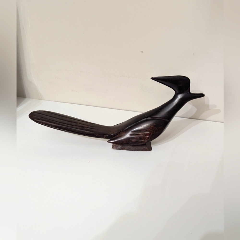 - Elegant Wooden Roadrunner Bird Sculpture. 13 Inches Long. Dark Wood. S…